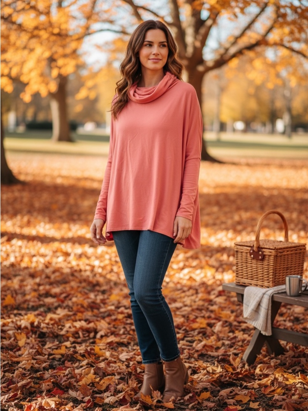 D and company Relaxed Cowl Neck Tunic Sweater in Coral